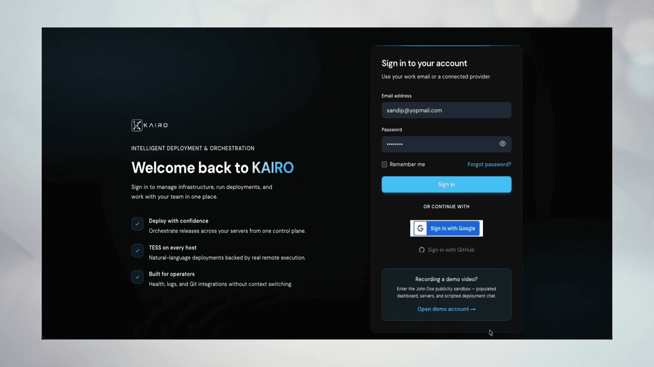 KAIRO login page with email and OAuth buttons