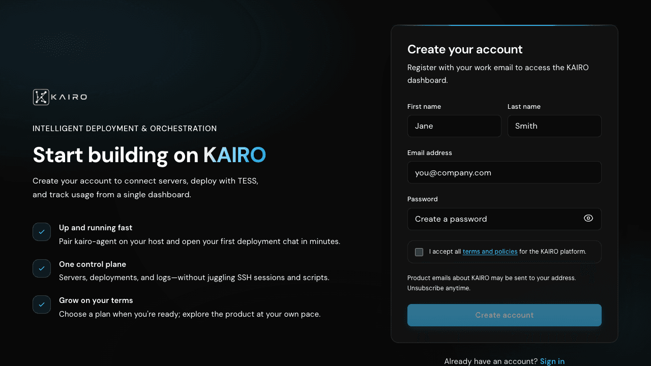 KAIRO sign up form with policy checkbox