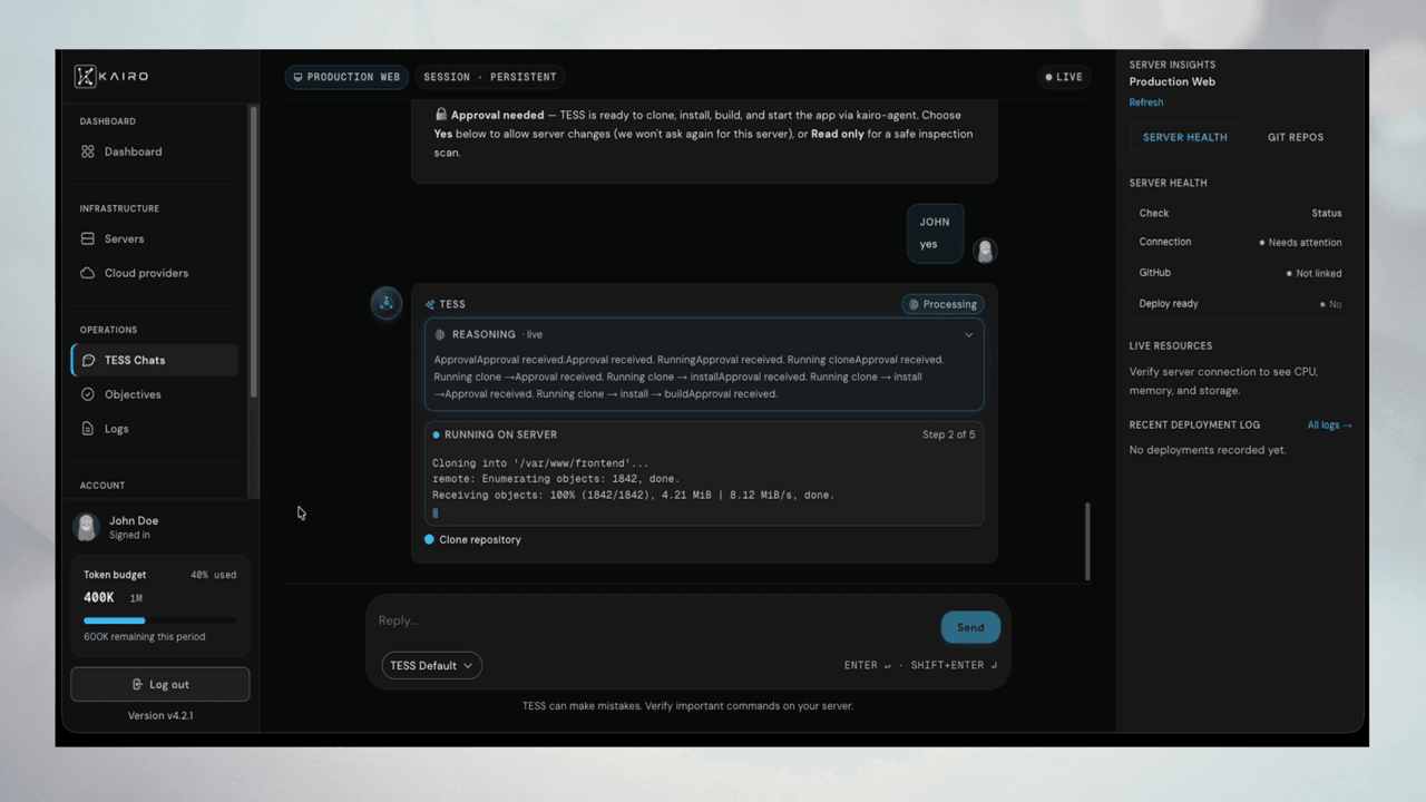 Live terminal output inside chat bubble