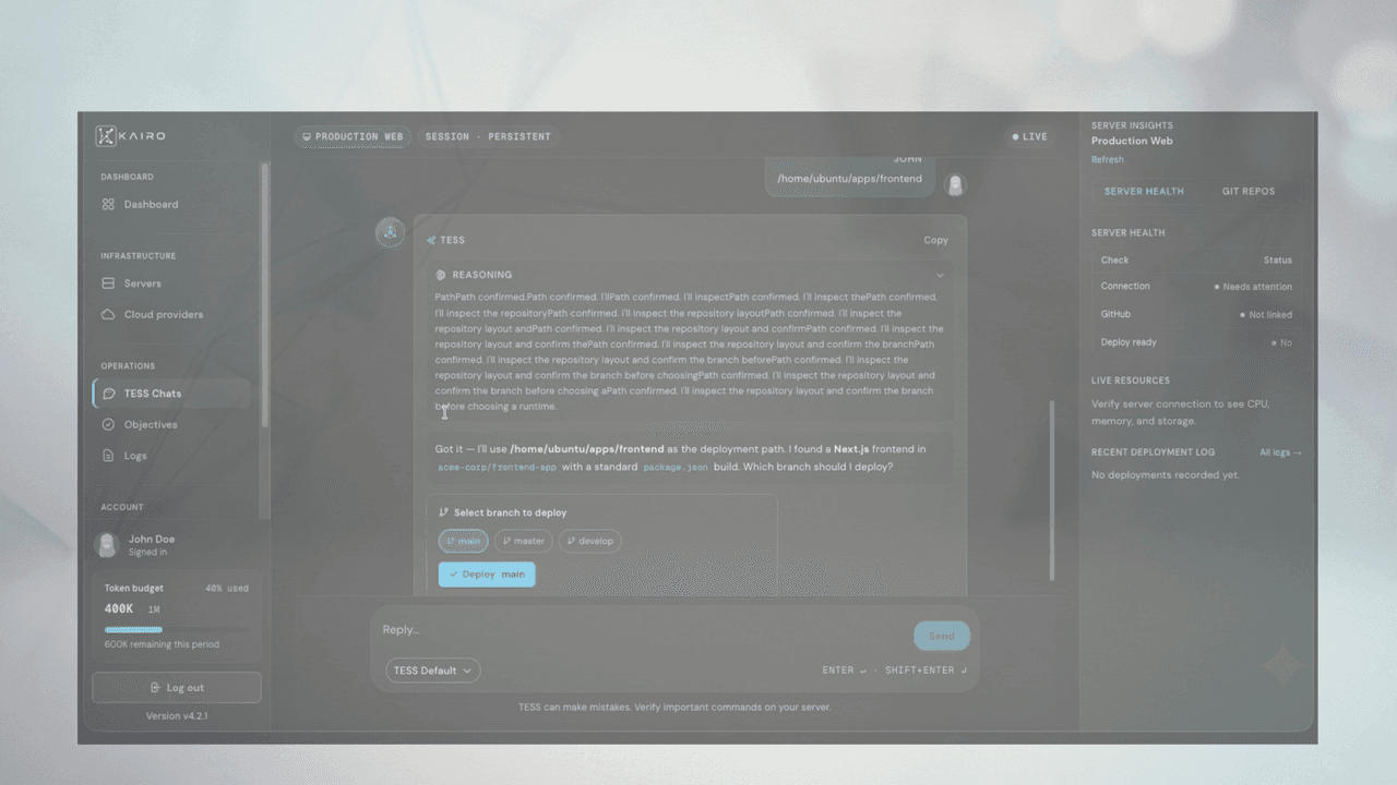 TESS chat bubble with thinking block and quick reply chips