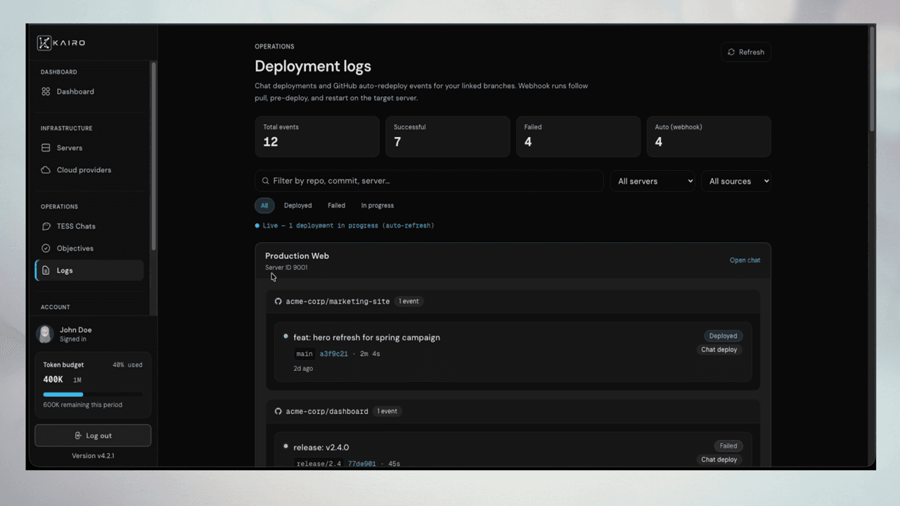 Deployment logs page grouped by server