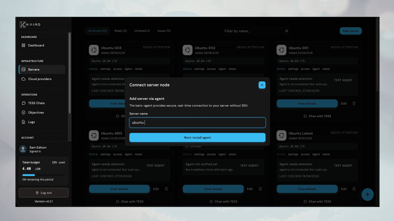 Add server modal with SSH and agent tabs