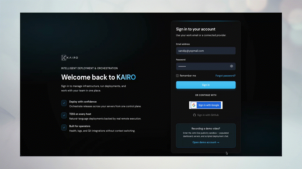 Animated walkthrough: typing email and password on the login page, signing in, and landing on the dashboard
